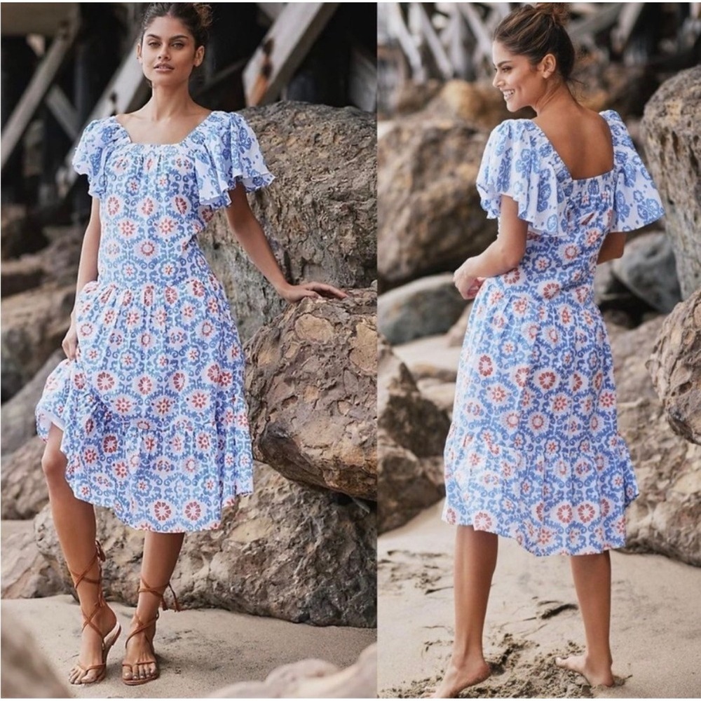 Ro's Garden Anthropologie Jenna Floral Flutter Sleeve Tiered Midi Dress M